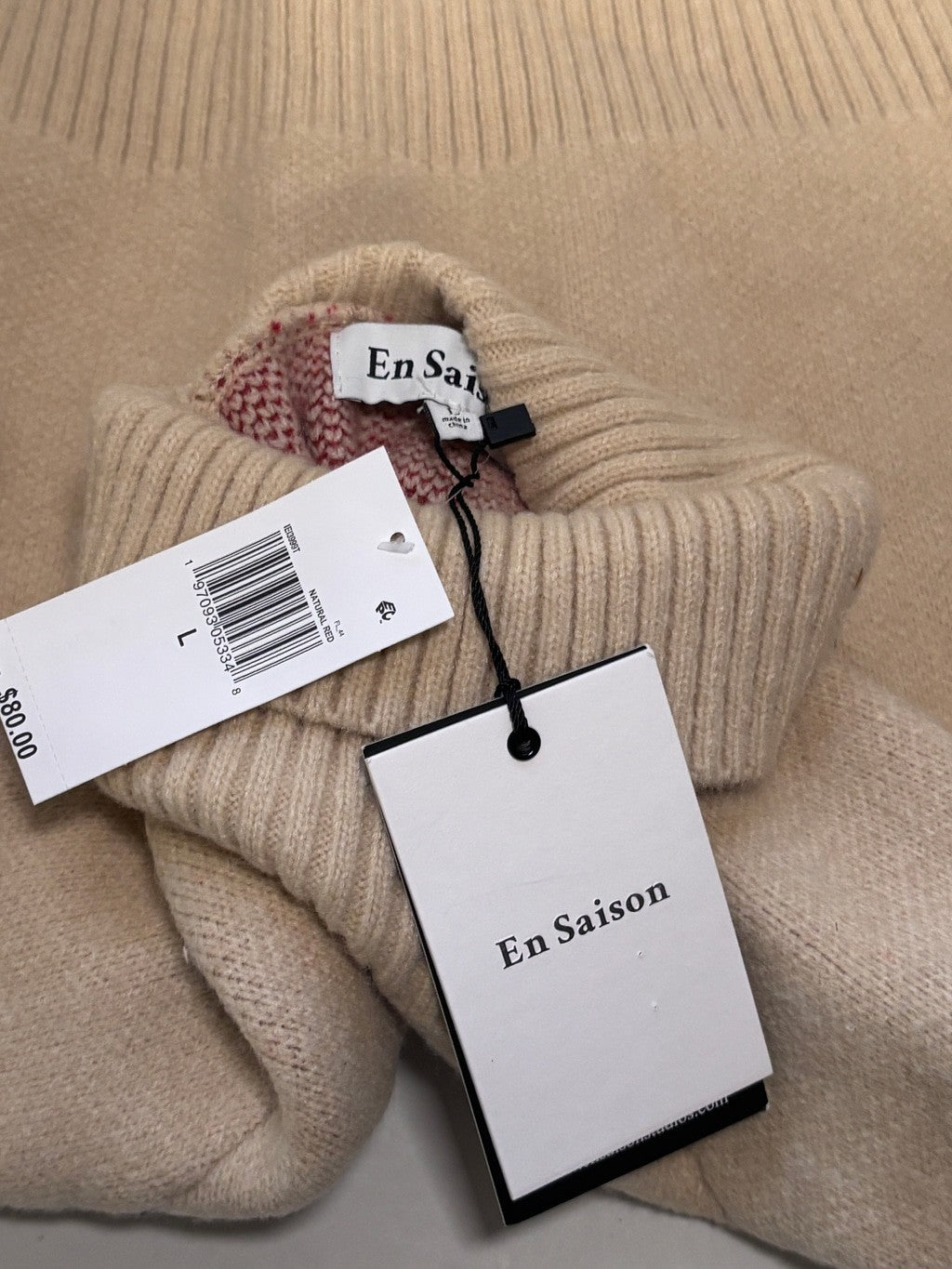 En Saison Women's Large Beige Turtleneck Sweater with Red Bow, Short NWT