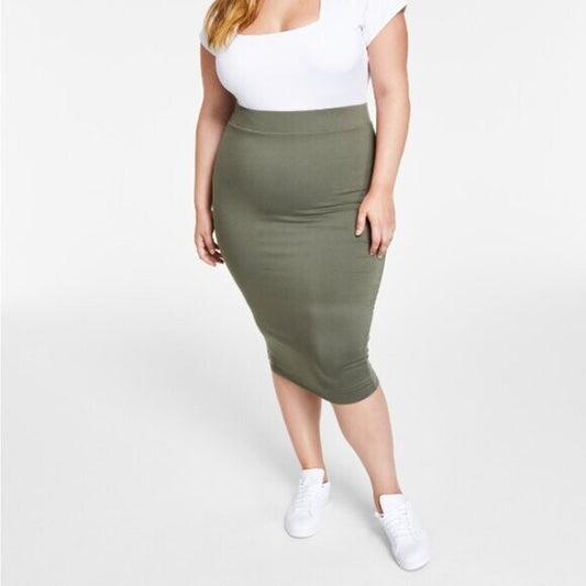 Bar III Women's Plus Size Olive Green Bodycon Jersey Midi Skirt, NWT