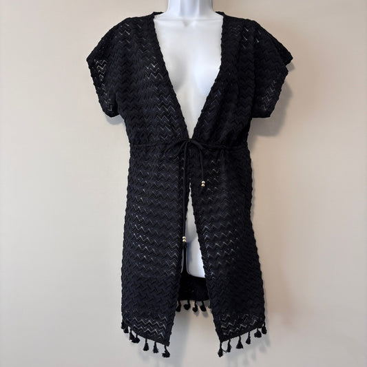 Miken Women's Size Medium Black Tie-Waist Chevron Knit Cover Up NWT