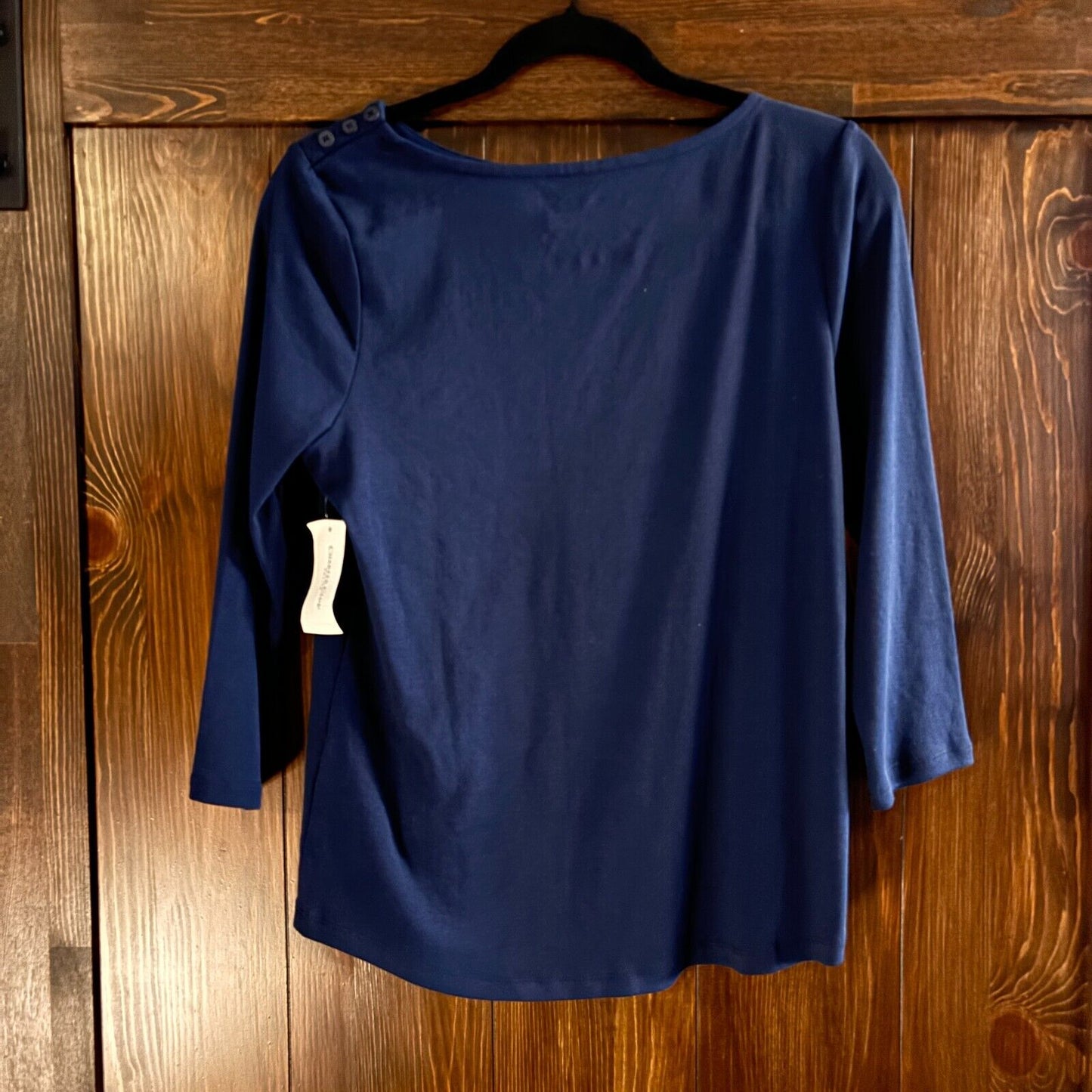 Charter Club Petite Navy Blue Pima Cotton Button-Shoulder 3/4 Sleeve Top NWT