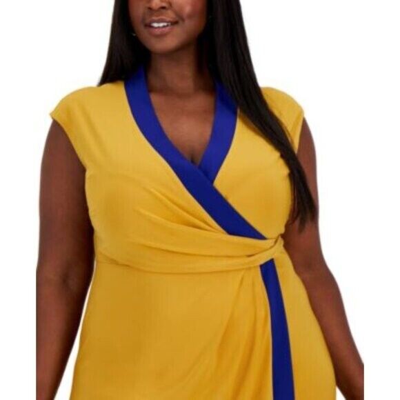KASPER Plus Size Colorblocked Gold and Blue Faux-Wrap Cap-Sleeve Dress NWT