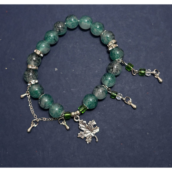 Green Beaded Maple Leaf Charm Bracelet - Stretchy NWT