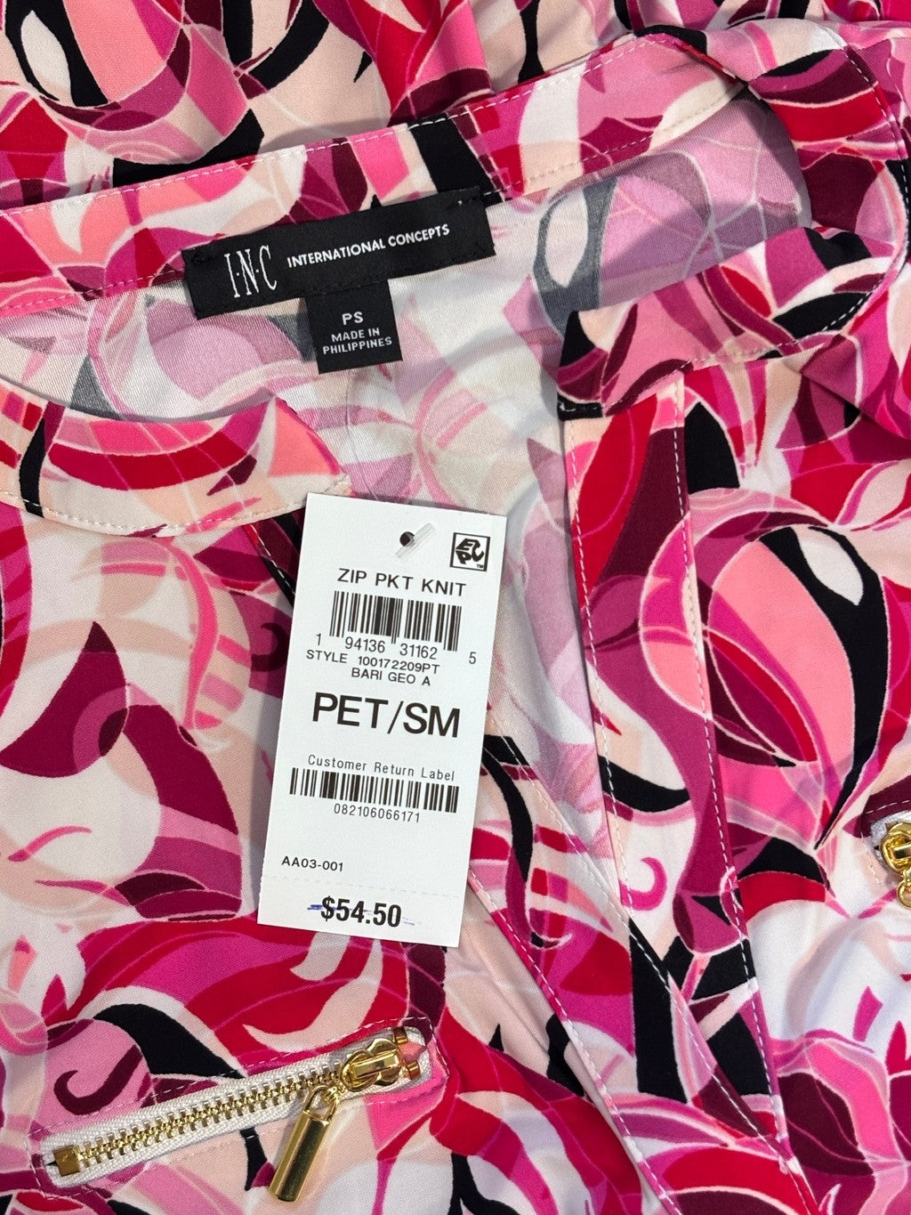INC International Concepts Small Petite Pink Abstract Print Zip Pocket Top NWT