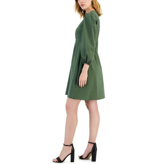 I.N.C. International Concepts Women's Green V-Neck Puff Sleeve Mini Dress NWT
