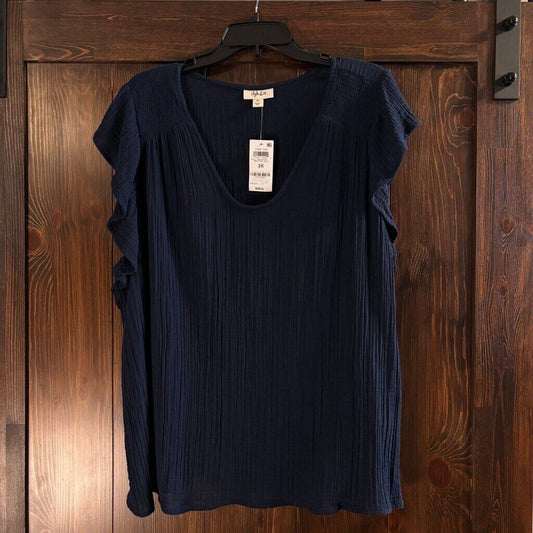 Style & Co. Plus Size 100% Cotton Navy Blue Flutter-Sleeve Top NWT