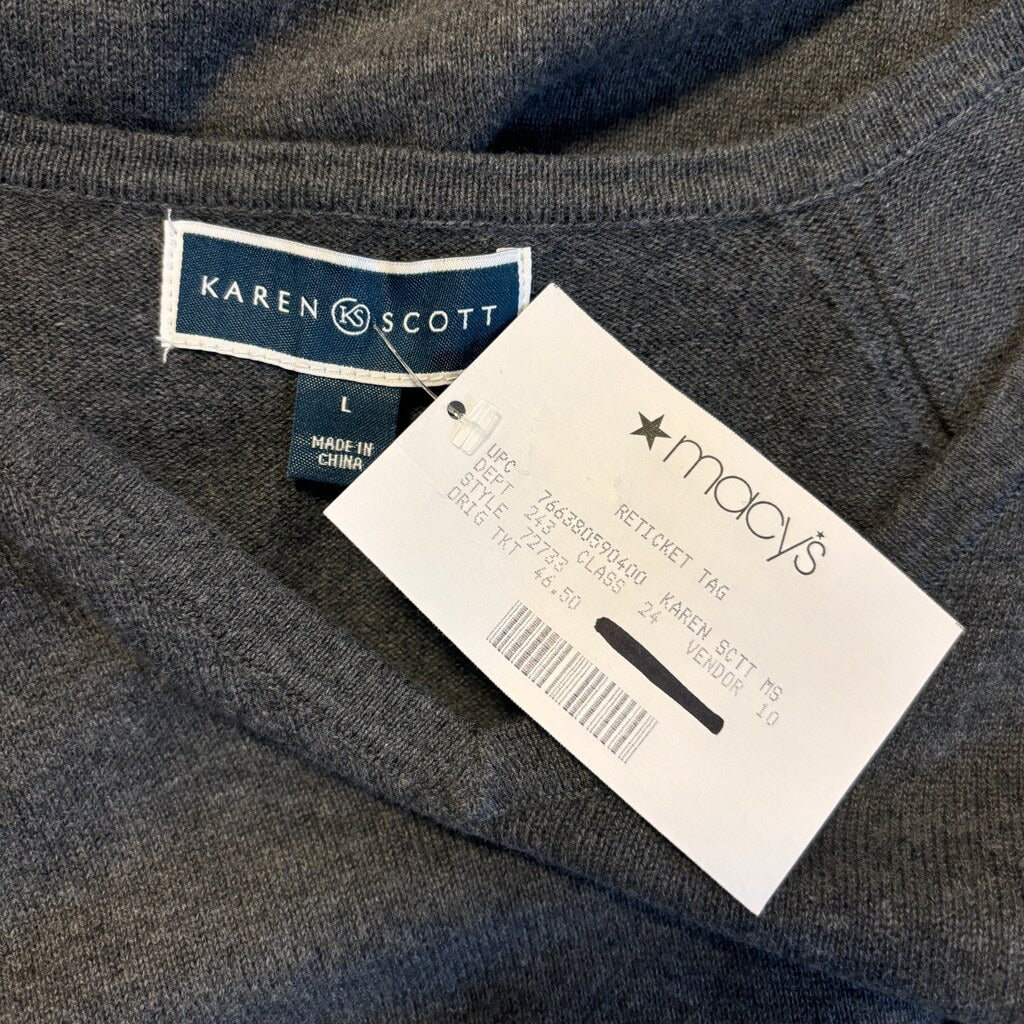 Karen Scott Women's Large 100% Cotton Grey V-Neck Curved-Hem Sweater NWT