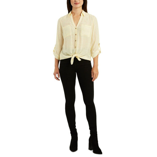 BCX Juniors' Size XS Yellow V-Neck Fold-Collar 3/4-Sleeve Utility Shirt NWT