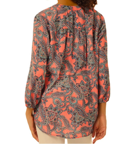 Jones New York Women's Petite Coral Printed V-Neck 3/4 Sleeve Top NWT