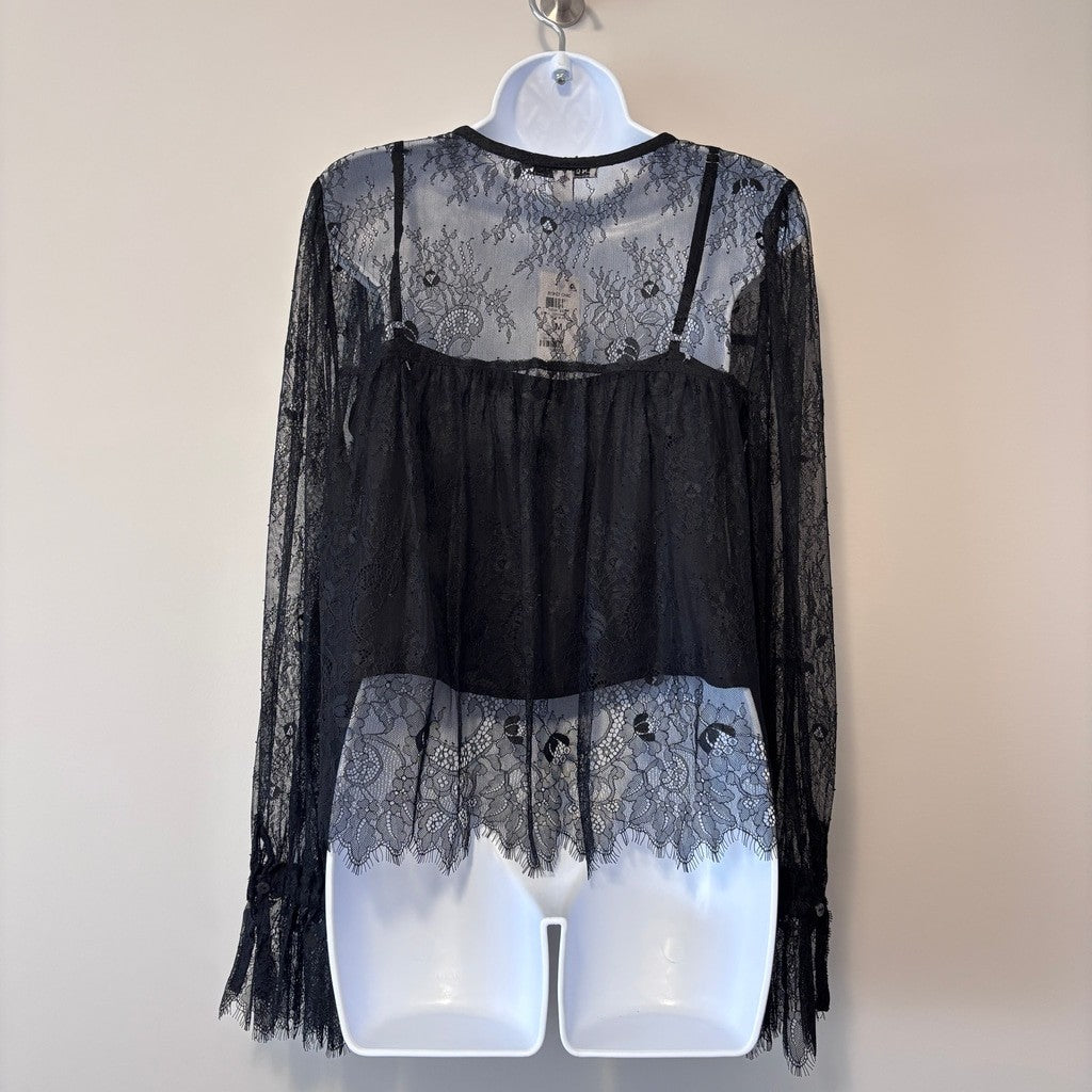 And Now This Women's Medium Black Lace V-Neck Button-Front Cropped Top NWT