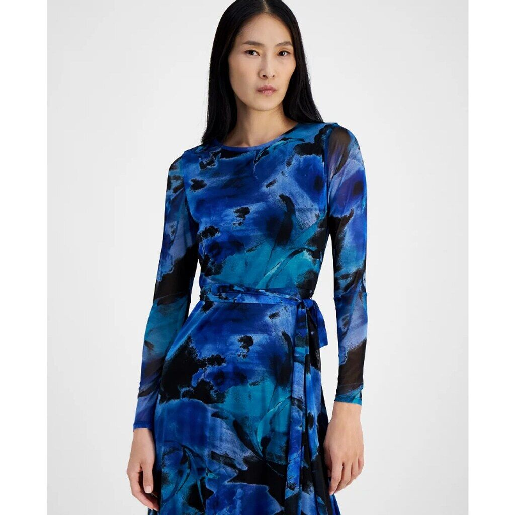 Anne Klein Women's Small Petite Blue Printed Handkerchief-Hem Midi Dress NWT