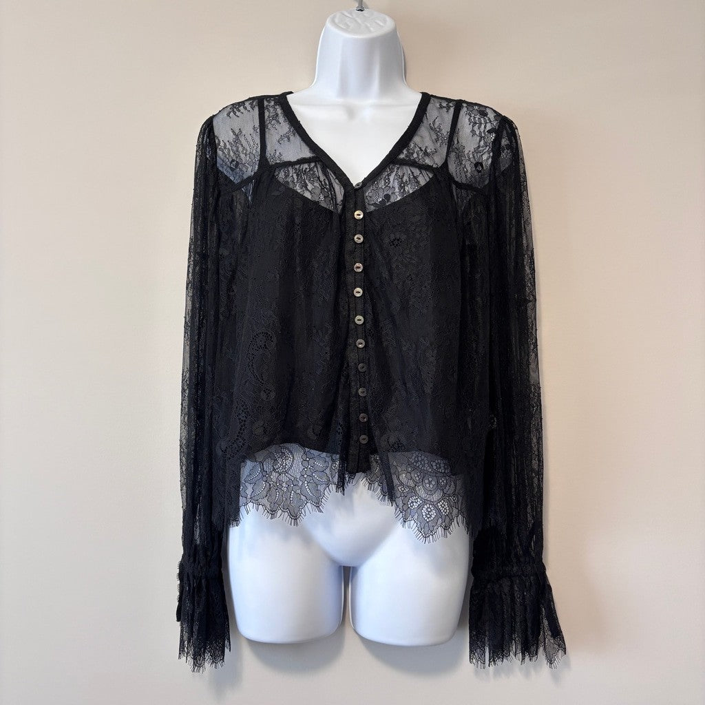 And Now This Women's Medium Black Lace V-Neck Button-Front Cropped Top NWT