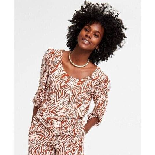 BAR III Women's Brown and Cream Animal-Print Scoop-Neck Puff-Sleeve Top NWT