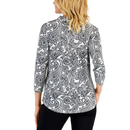 Charter Club Women's White & Black Bold Paisley Printed Top NWT