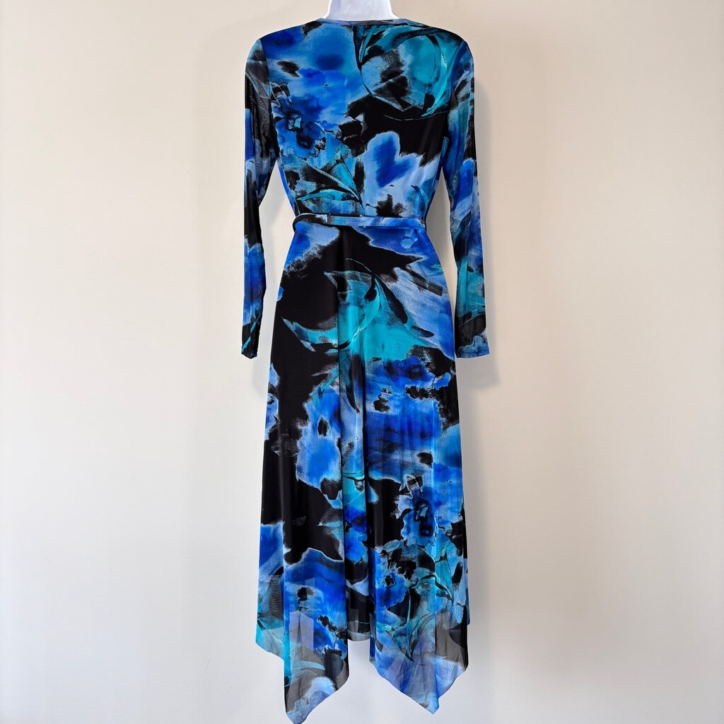 Anne Klein Women's Small Petite Blue Printed Handkerchief-Hem Midi Dress NWT