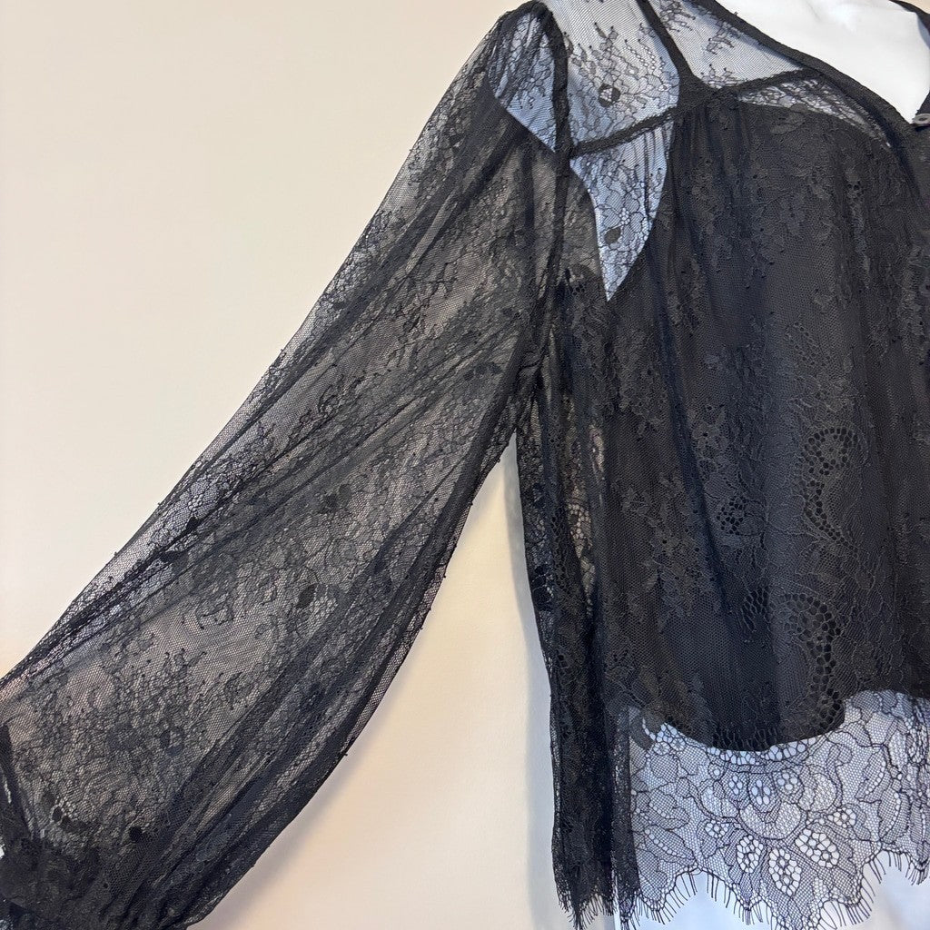 And Now This Women's Medium Black Lace V-Neck Button-Front Cropped Top NWT