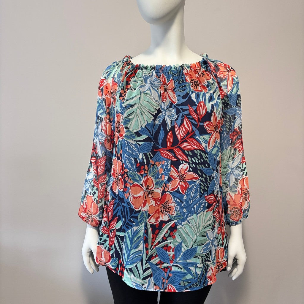 Jones New York Women's Size Extra Large Floral Printed Smocked-Neck Blouse NWT