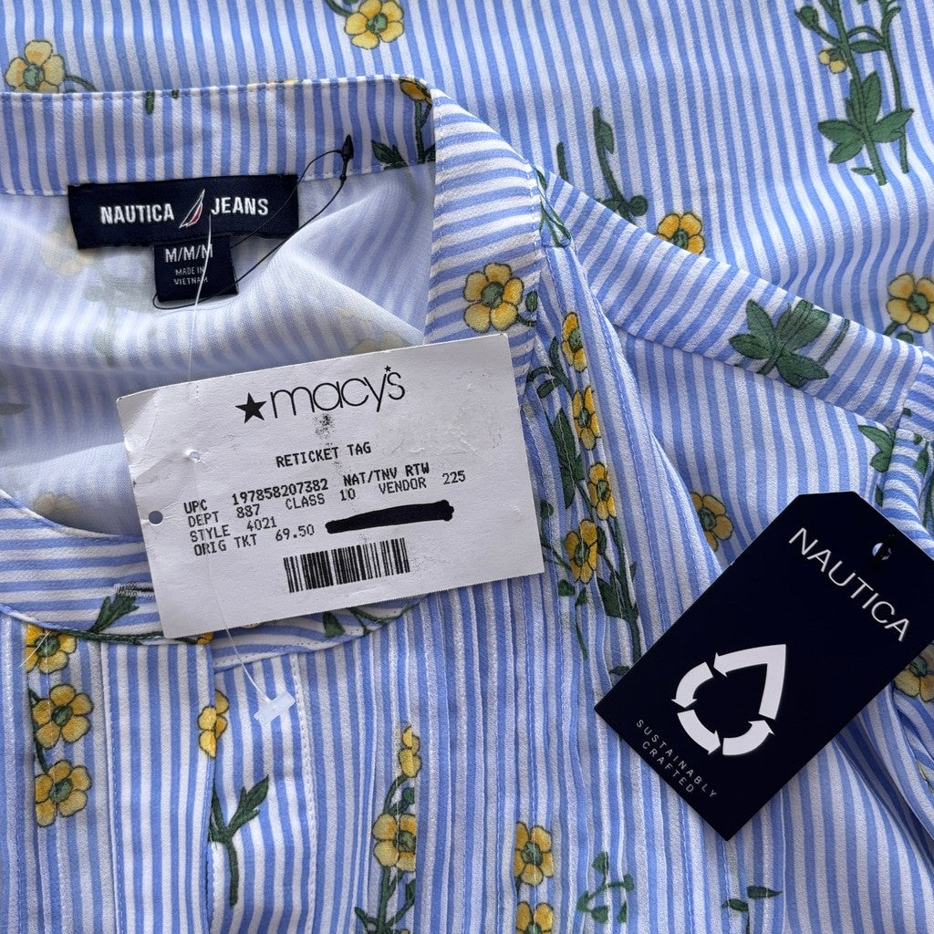 Nautica Jeans Women's Medium Blue Stripe Floral Cotton Sailor Popover Top NWT