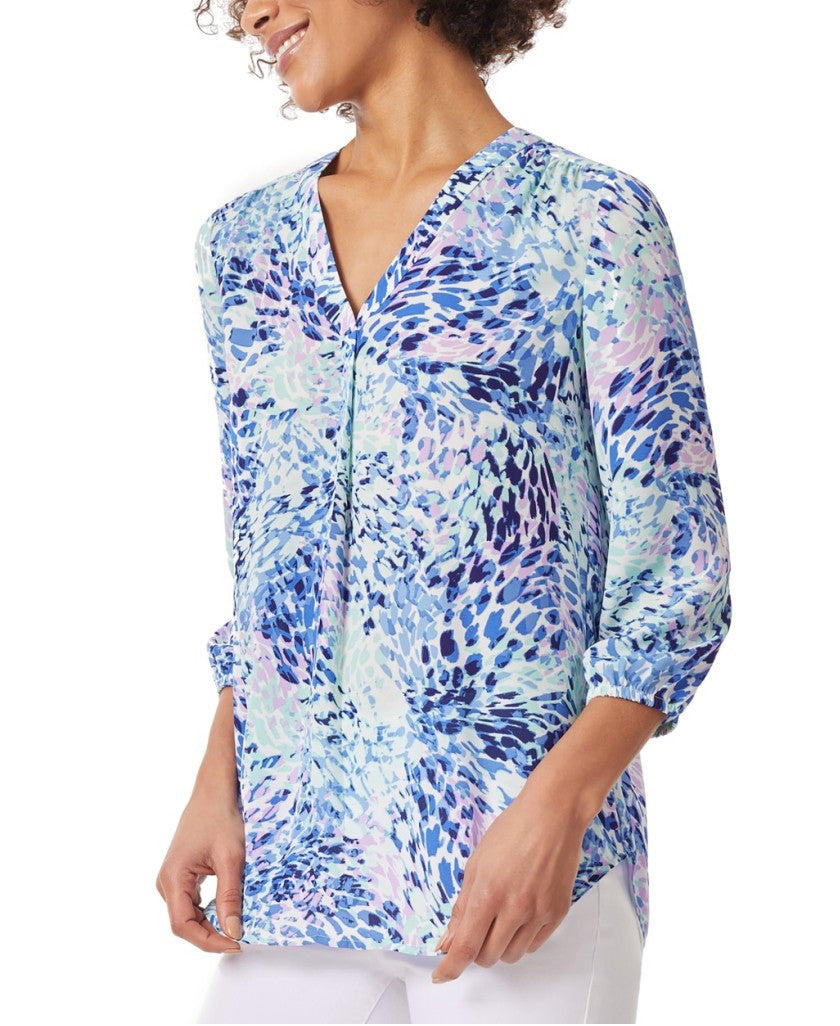 Jones New York Women's Extra Small Blue Floral Print V-Neck 3/4-Sleeve Top NWT