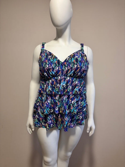 Swim Solutions Women's 24W Plus Size Printed Tiered One-Piece Swimsuit NWT