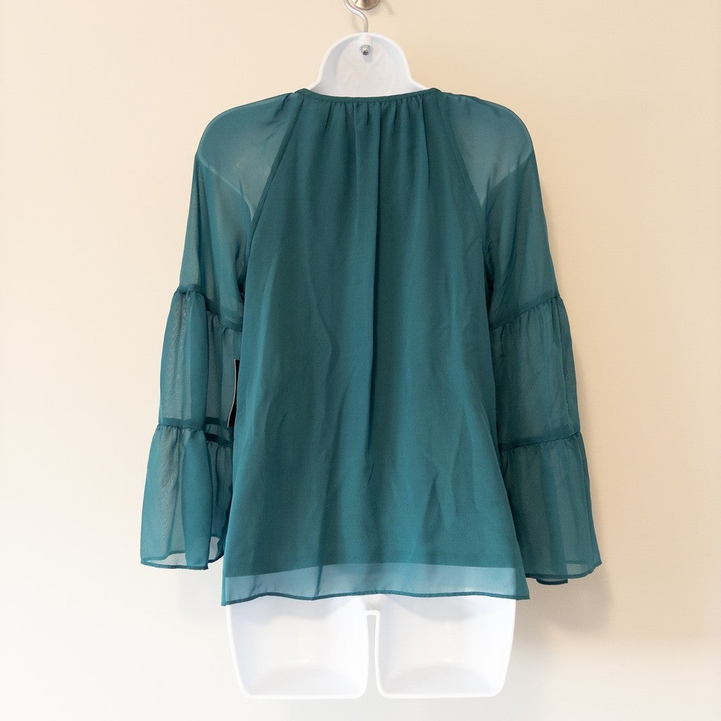 JM Collection Small Petite Teal Chiffon Long Tier-Sleeve Necklace Blouse NWT