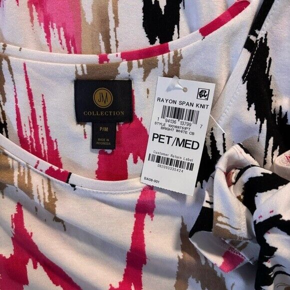 JM Collection Petite Medium Cold-Shoulder Pink, White & Black Printed Top NWT