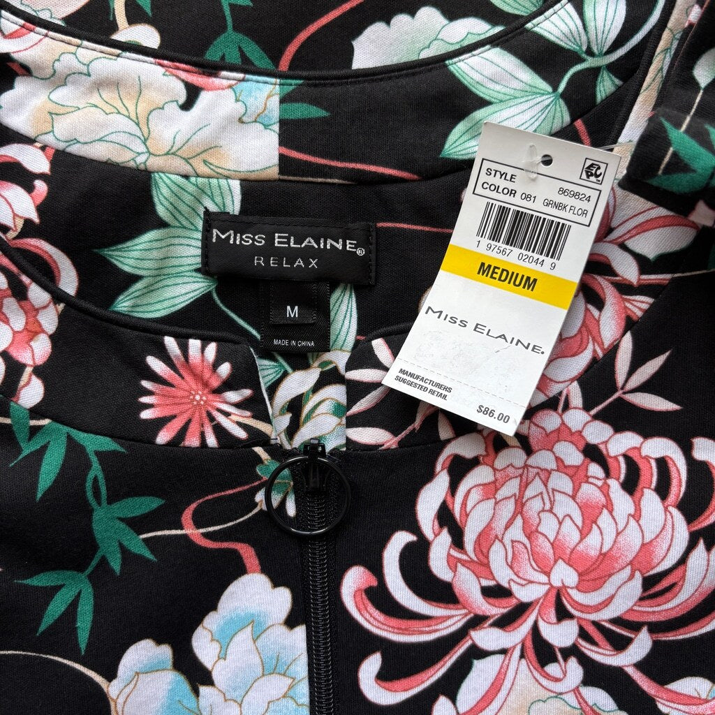 Miss Elaine Women's Black and Floral Printed 3/4-Sleeve Zip-Front Long Robe NWT