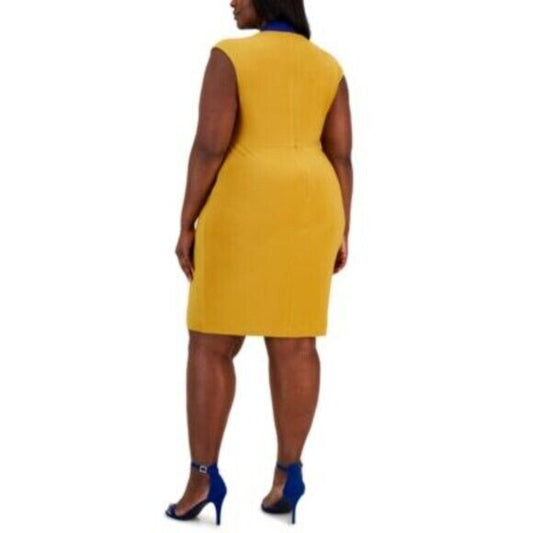 KASPER Plus Size Colorblocked Gold and Blue Faux-Wrap Cap-Sleeve Dress NWT