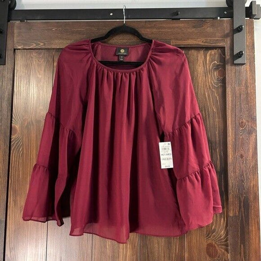 JM Collection Petite Medium Burgundy Tier-Sleeve Top NWT - MISSING NECKLACE