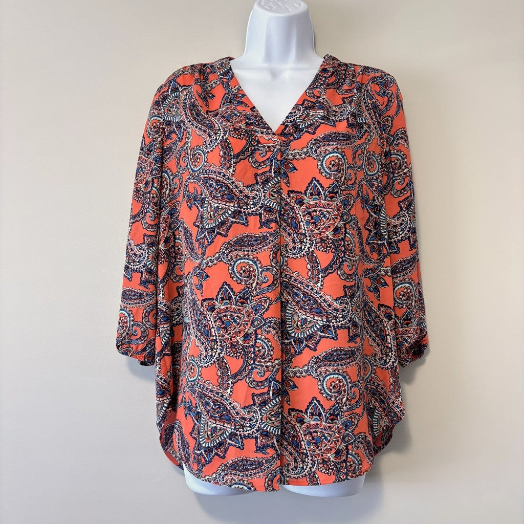 Jones New York Women's Petite Coral Printed V-Neck 3/4 Sleeve Top NWT