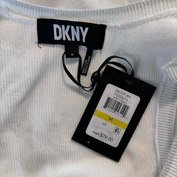 DKNY Women's Medium White Ruched Scoop-Neck Metallic-Trim Tank Top NWT