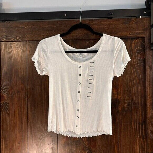 Hippie Rose Juniors' Size Medium White Lettuce-Edge Printed Scoop-Neck Top NWT