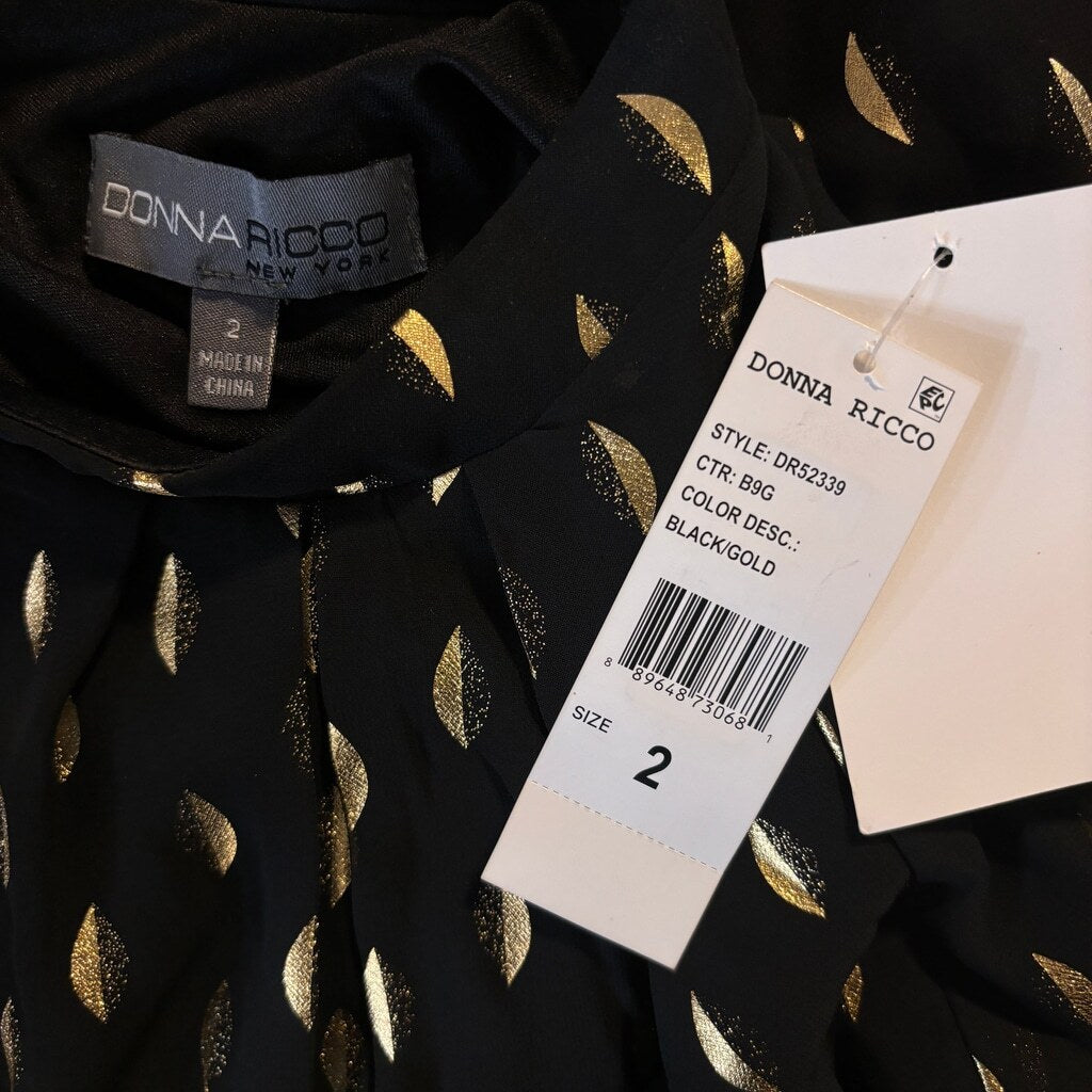 Donna Ricco Size 2 Black & Gold Mock Neck Triple-Tiered Formal Maxi Dress NWT