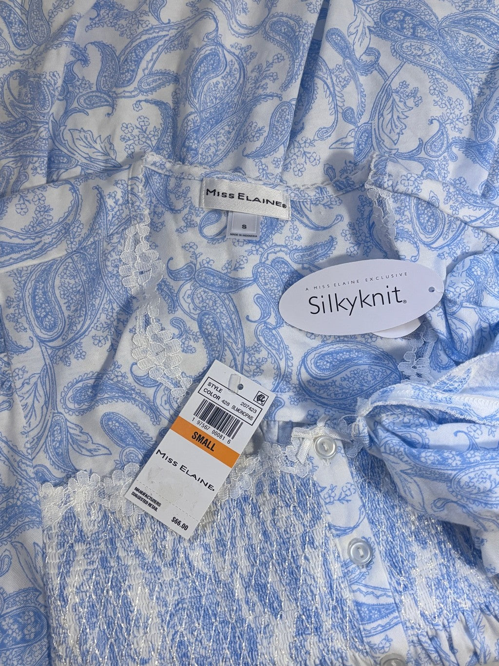 Miss Elaine Size Small Blue & White Paisley Nightgown, Silkyknit Sleep-Dress NWT