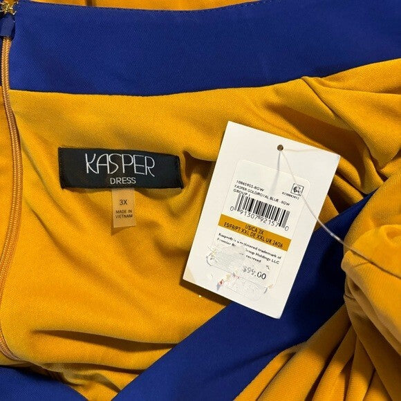 KASPER Plus Size Colorblocked Gold and Blue Faux-Wrap Cap-Sleeve Dress NWT
