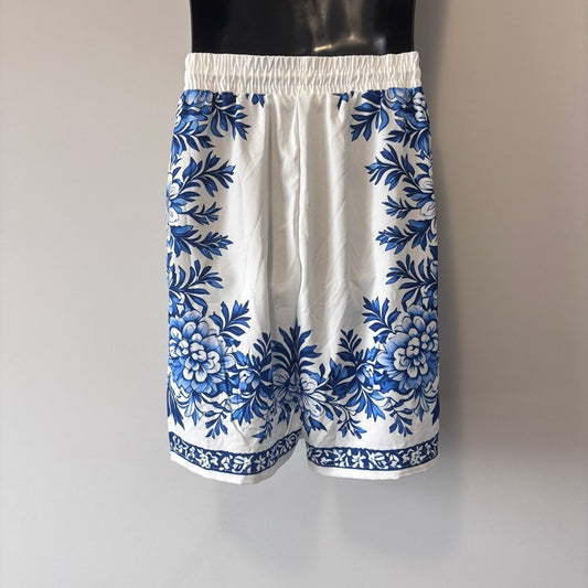 SHEIN Men's White & Blue Floral Drawstring Shorts Casual Beach Style NIB