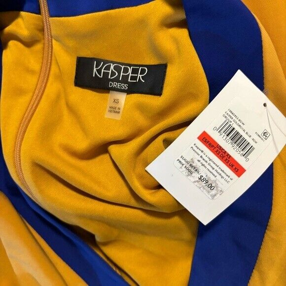 KASPER Colorblocked Blue and Gold Faux-Wrap Cap-Sleeve Dress NWT