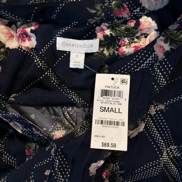 Charter Club Women's Size Small Navy Etching Garden Pink Floral Print Top NWT