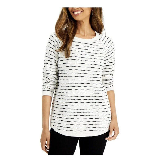 Karen Scott XL Petite White & Black 100% Cotton Curved-Hem Sweater NWT