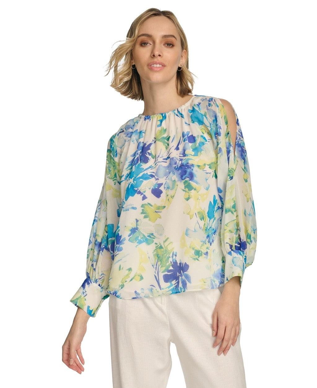 Calvin Klein Women's XS Blue Floral-Print Gathered Cold-Shoulder Blouse NWT