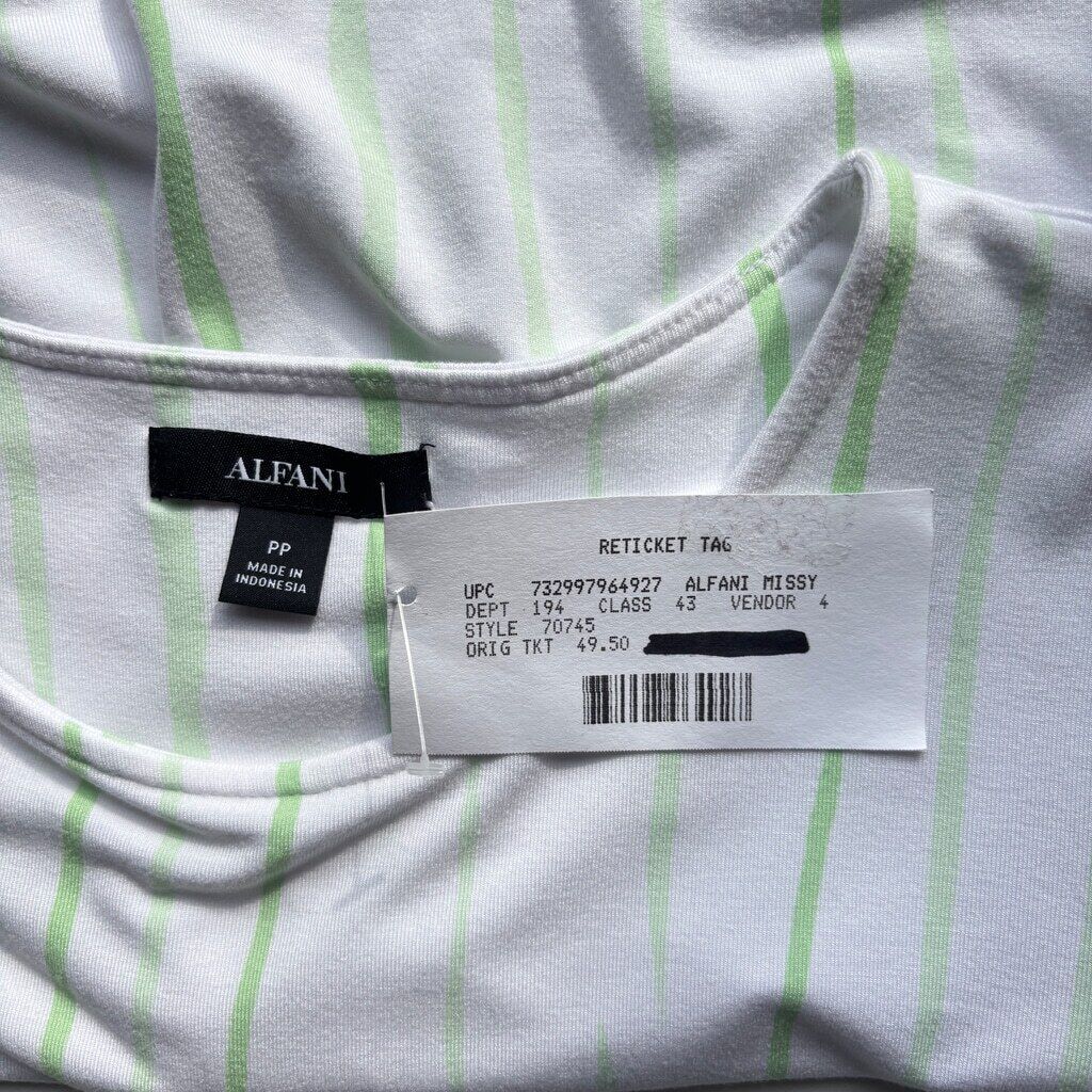 Alfani Women's PP Short Sleeve Top White Green Striped Stretch Casual Tee NWT