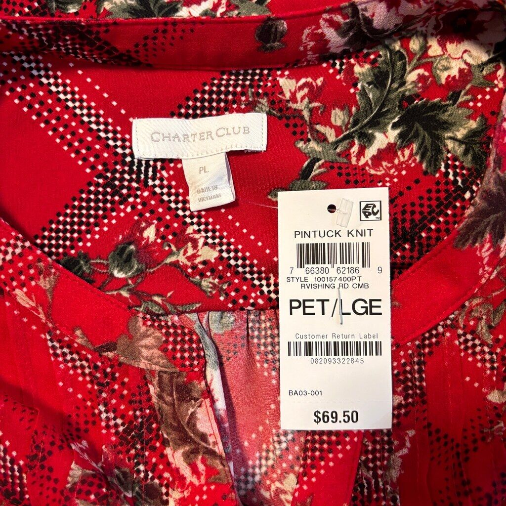 Charter Club Large Petite Red Ruffle Sleeve Etching Garden Pintuck Top NWT