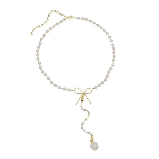 Bowknot Crystal Pendant Necklace Faux Pearl Gold Chain Elegant Jewelry NWT