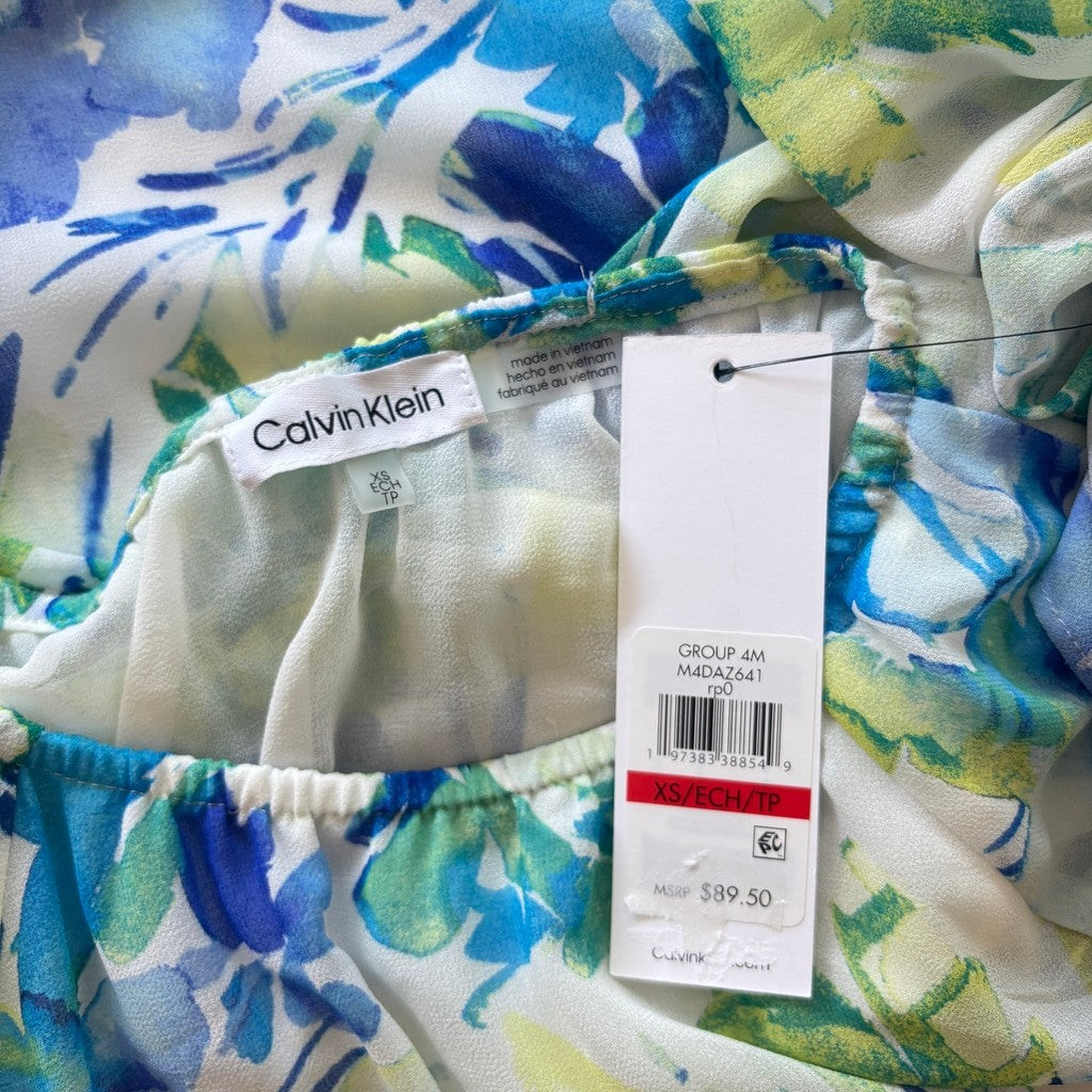 Calvin Klein Women's XS Blue Floral-Print Gathered Cold-Shoulder Blouse NWT
