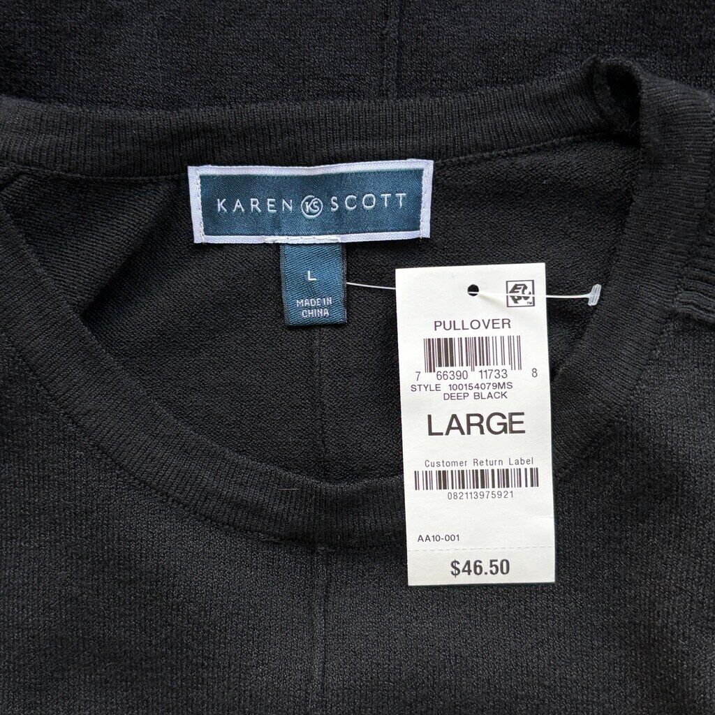 Karen Scott Women's Large Black Seam Front Knit Crewneck Sweater NWT