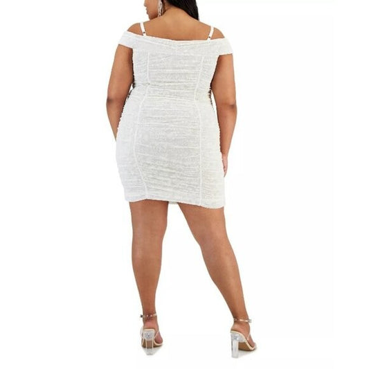 BCX Bodycon Dress Floral Lace Off Shoulder Ruched Design White Womens 2X NWT