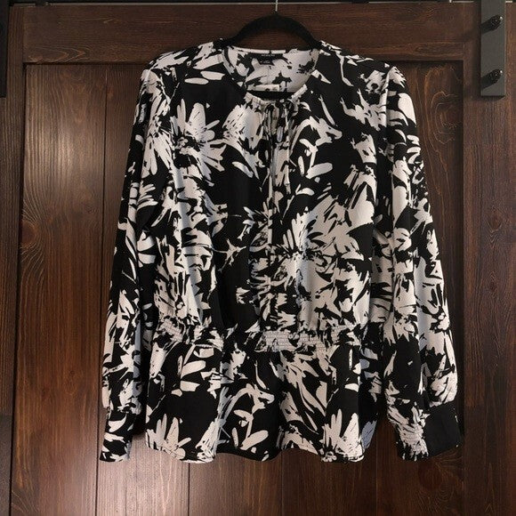 Alfani Petite XL White & Black Printed Smocked Blouson Long-Sleeve Top NWT