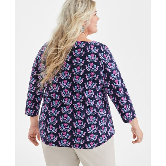Style & Co Women's Plus Size 1X Navy & Pink Printed Cotton Square-Neck Top NWT