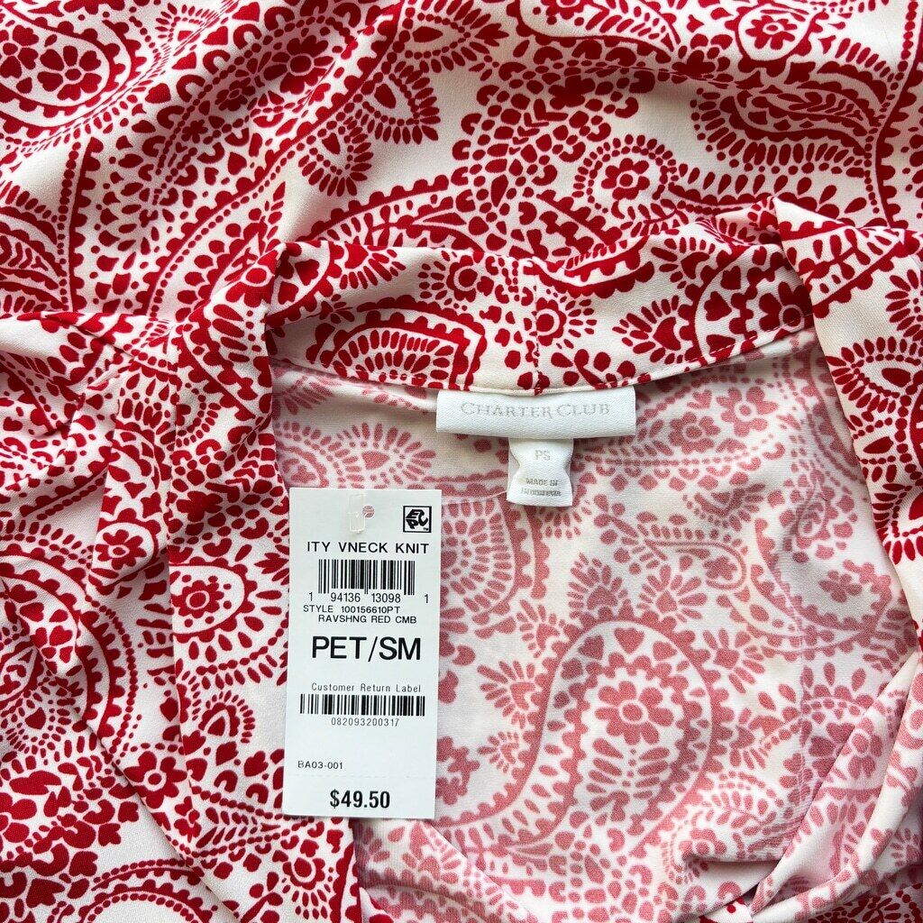 Charter Club Women's Small Petite 3/4 Sleeve Red & White Paisley V-Neck Top NWT