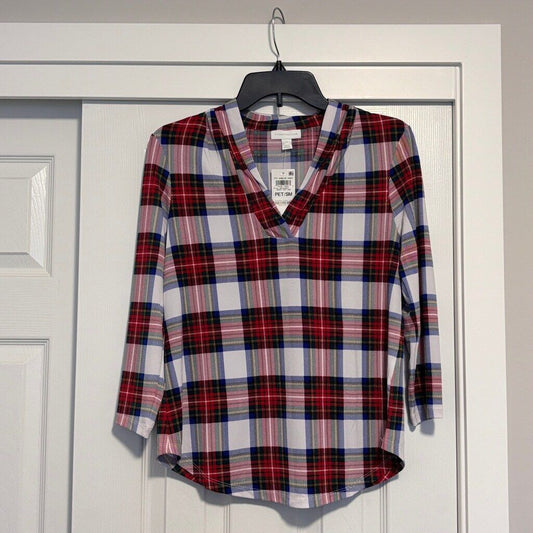 Charter Club Women's Small Petite Colorful Plaid Pleated-Neck 3/4-Sleeve Top NWT