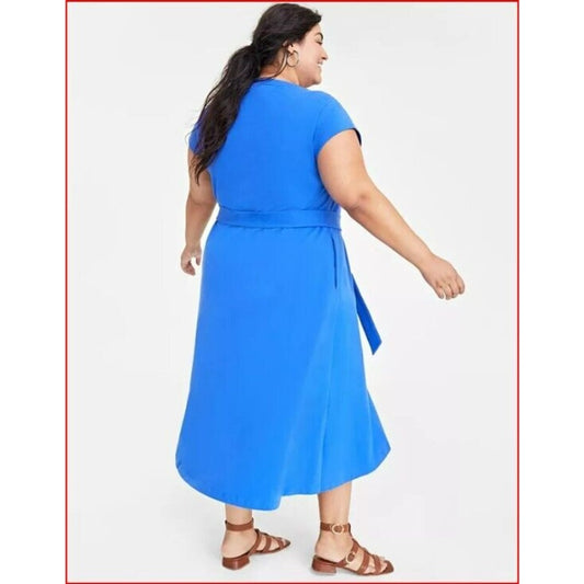 On 34th Plus Size 2X Cobalt Blue Tie-Waist A-Line Knit Midi Dress NWT